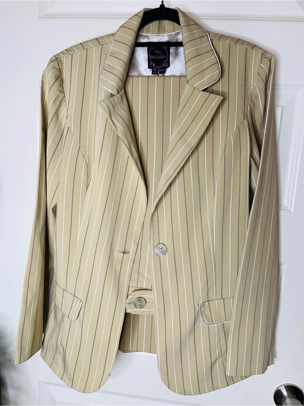 My Michelle | Women’s Tan Pinstripe 2pc Pant Suit